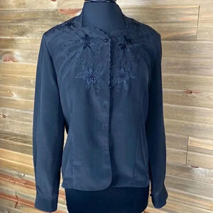 Cathy Che Black Button Down Blouse Size 8 0161